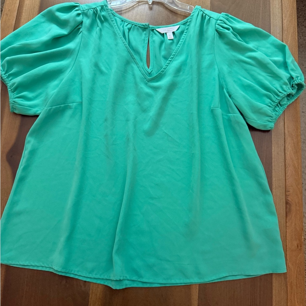 LC Lauren Conrad Green Ruched Puff Sleeve Blouse